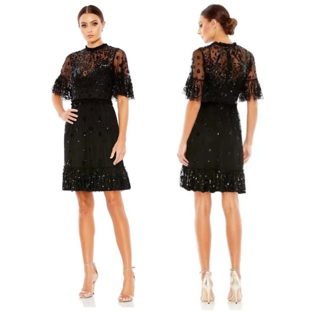 MAC DUGGAL Sequin Ruffle Hem Cocktail Minidress in Black Size US 12